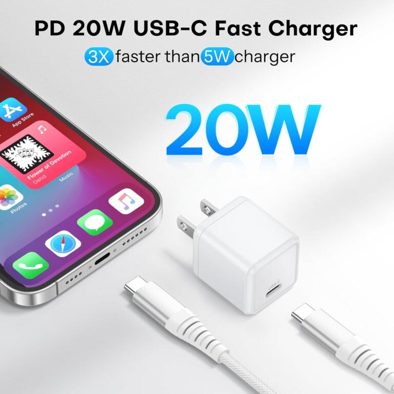 The $5.20 OMOTON 20W PD Fast Wall Charger with a 6.6ft USB C to USB C Cable charges iPhone 15/15 Pro/15 Pro Max/15 Plus swiftly! 1