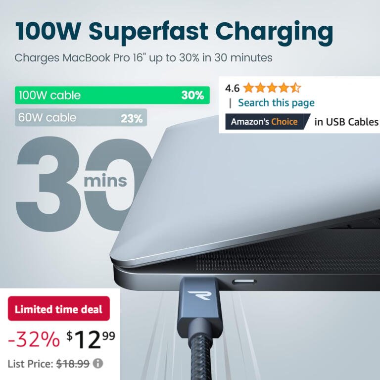 RAMPOW's 100W USB C to USB C Cable For MacBook Never Breaks! On Sale For $13 1