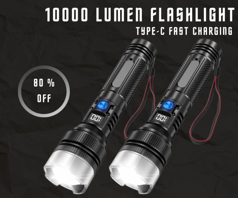 Promotional banner for 10000 lumen flashlight showing 80% off discount and Type-C fast charging feature