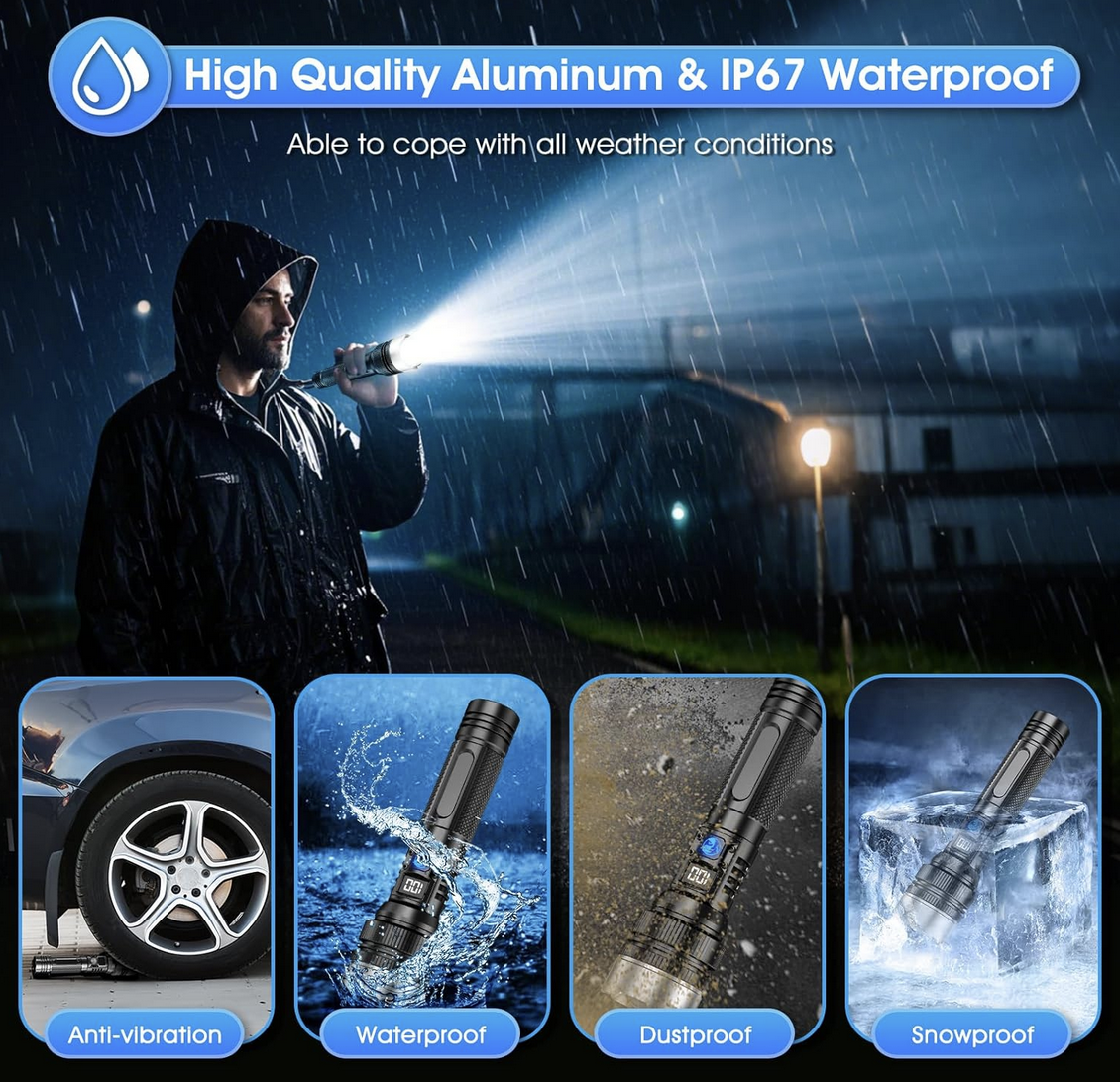 10000 lumen Flashlight durability features diagram showing aluminum construction with IP67 waterproof, dustproof, snowproof, and anti-vibration ratings