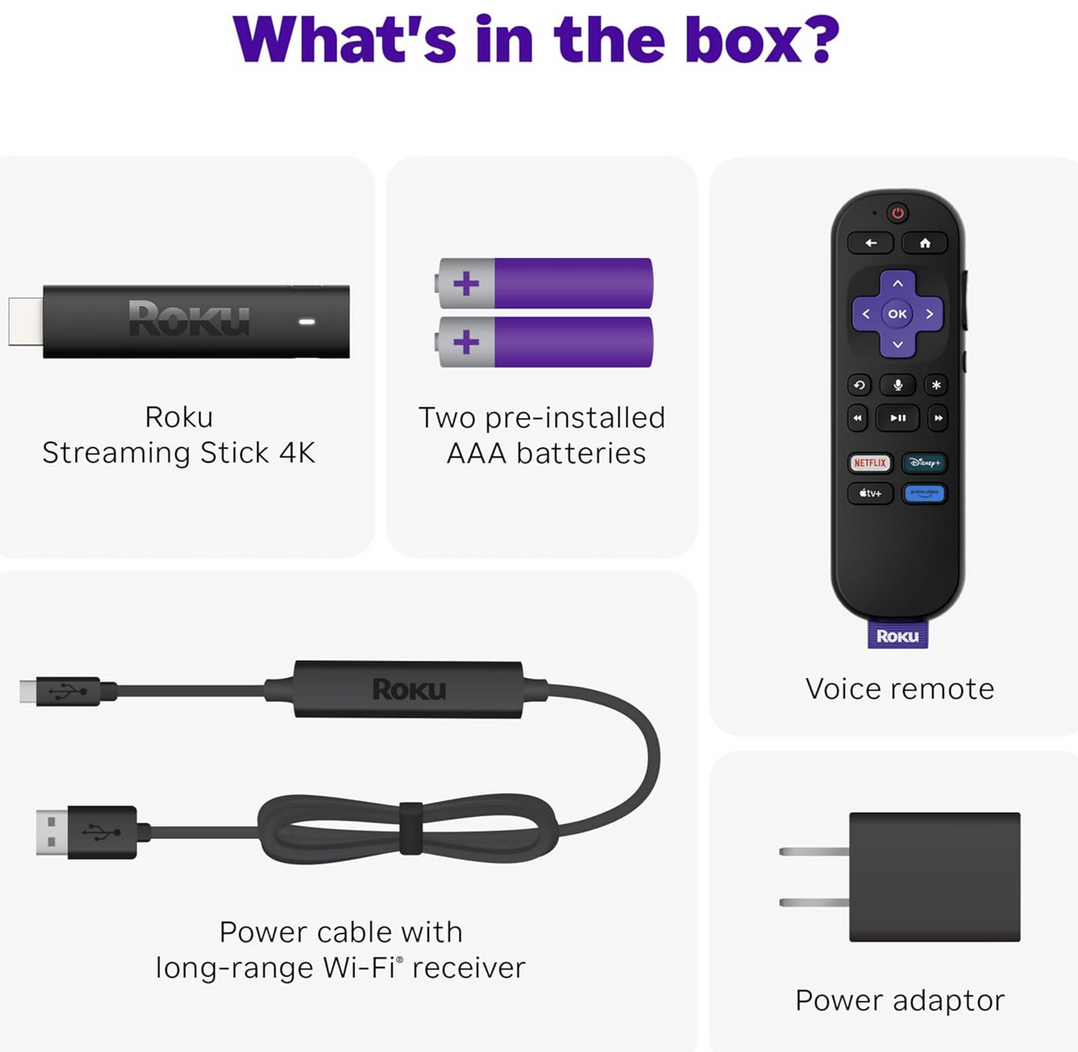 Stick close-up: Roku Streaming Stick 4K with all the insides of the box