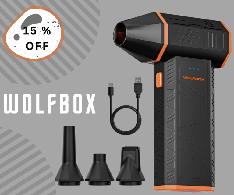 WOLFBOX MF50 Electric Air Duster with accessories and USB charging cable