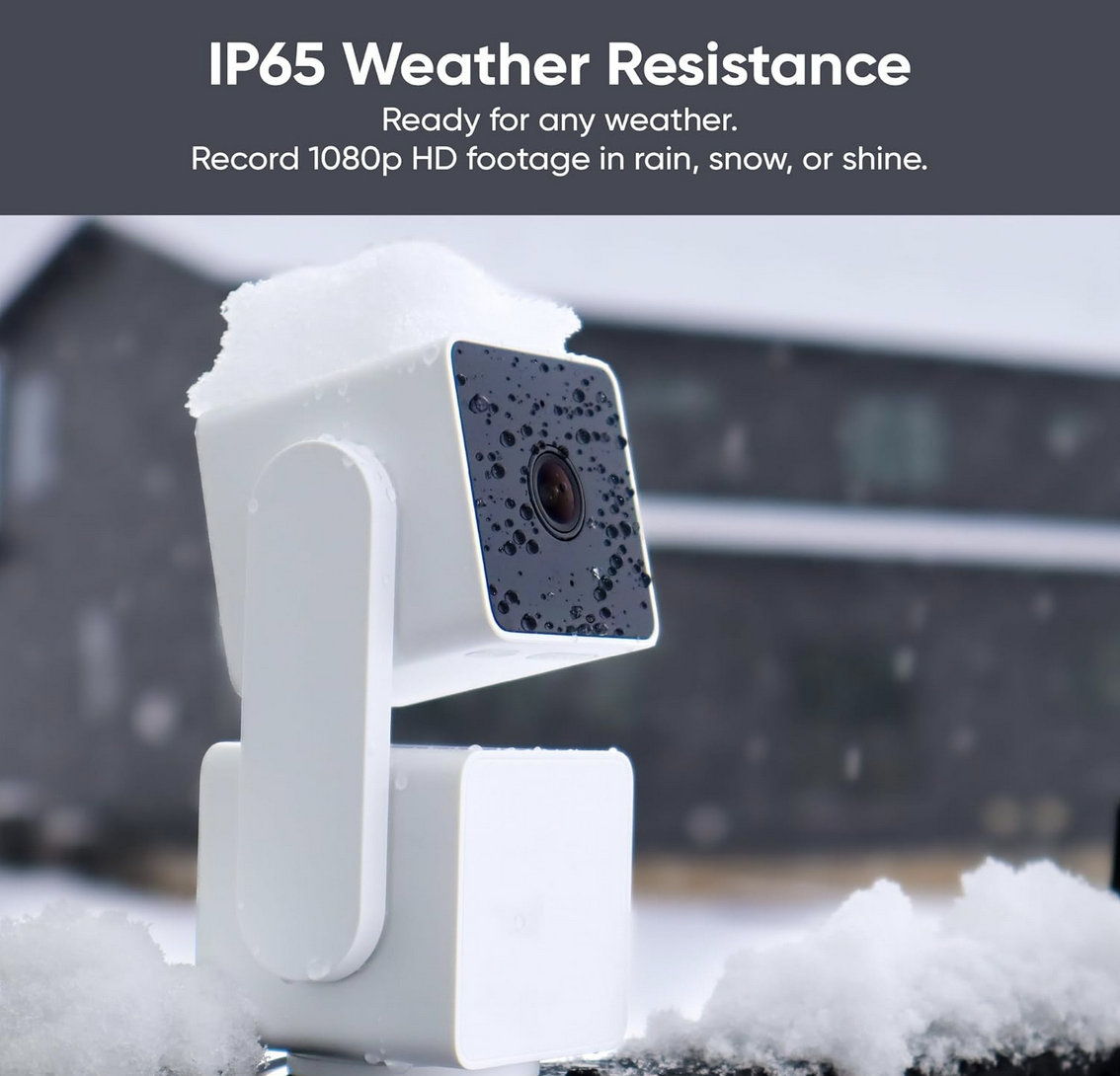 WYZE Cam Pan v3 smart home security camera showing that it is weather resistant, for any weather, rain, snow, shine