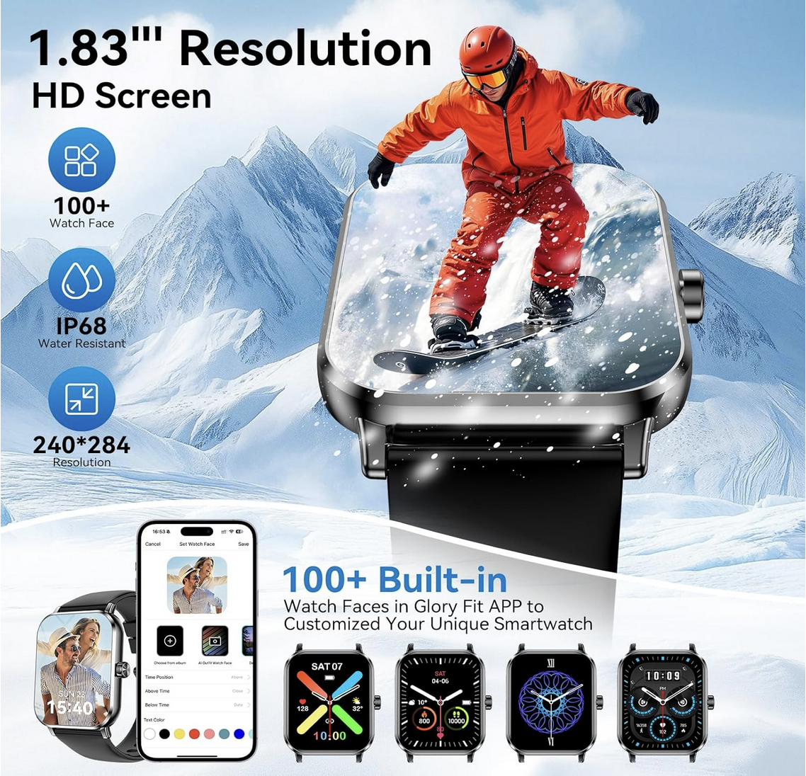 1.83-inch HD smartwatch with fitness tracking, Bluetooth calling, and 130+ sports modes, water resistant, resolution