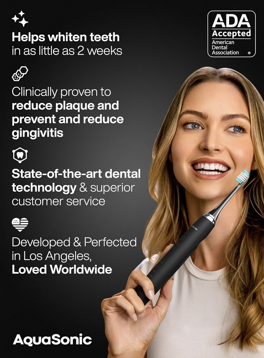 Save 20% on AquaSonic Black Series Whitening Toothbrush – Powerful 40,000 VPM Cleaning with 8 Brush Heads 4 AquaSonic Black Series Ultra Whitening Electric Toothbrush with a woman with great gums and teeths
