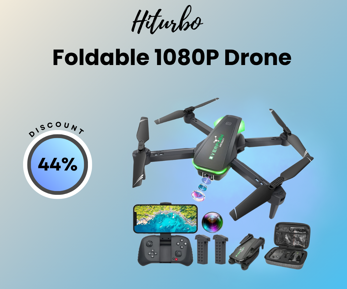 Hiturbo foldable drone with 1080P camera, remote control, and batteries