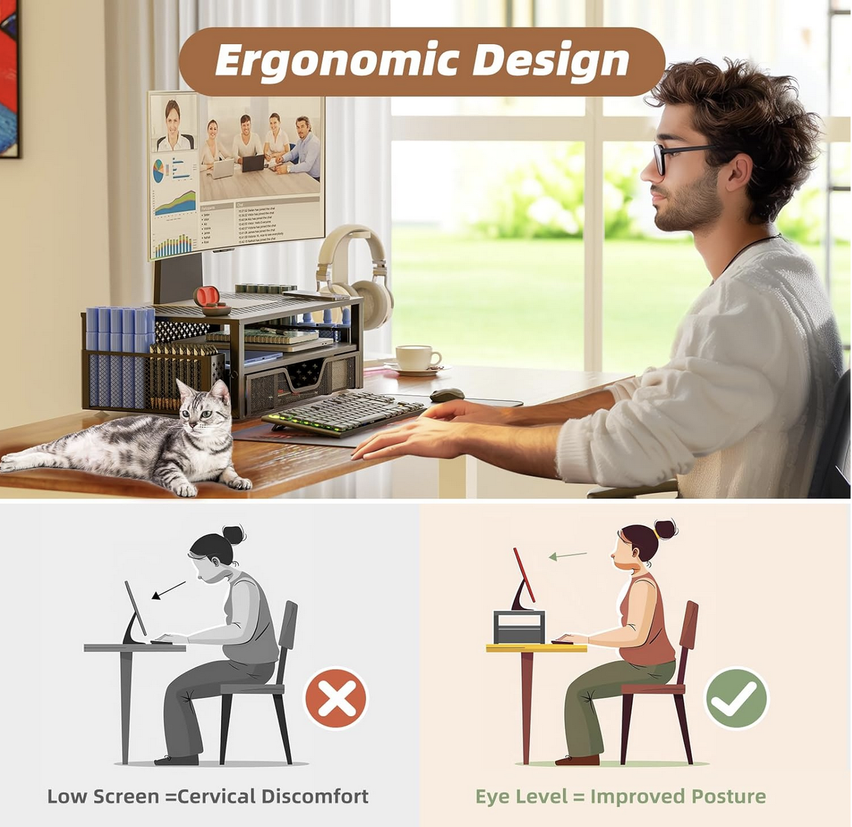 Laptop and monitor on black 2-tier metal stand for ergonomic workspace