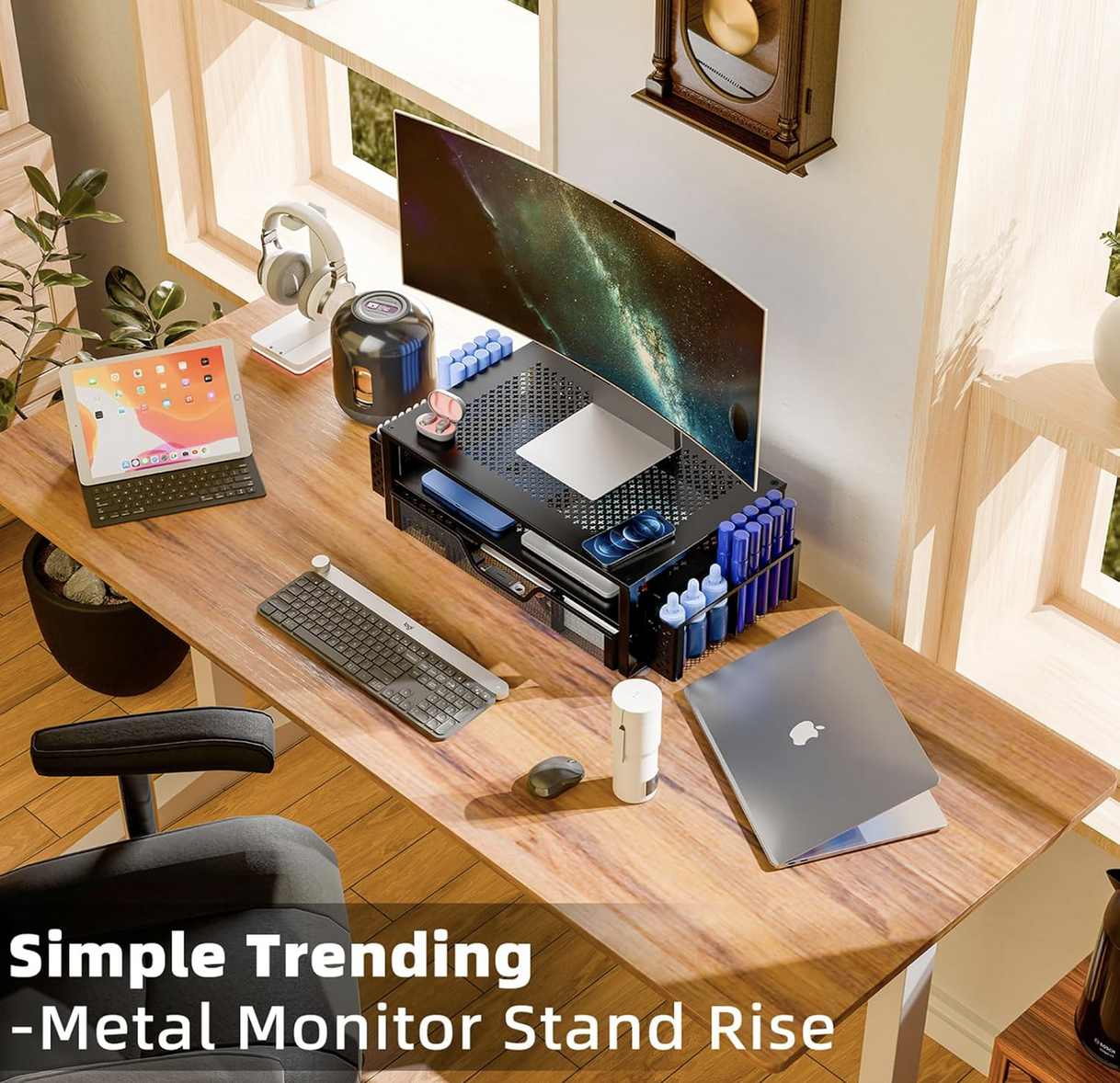 Simple Trending 2-tier metal monitor stand riser in black with drawer and pen holder
