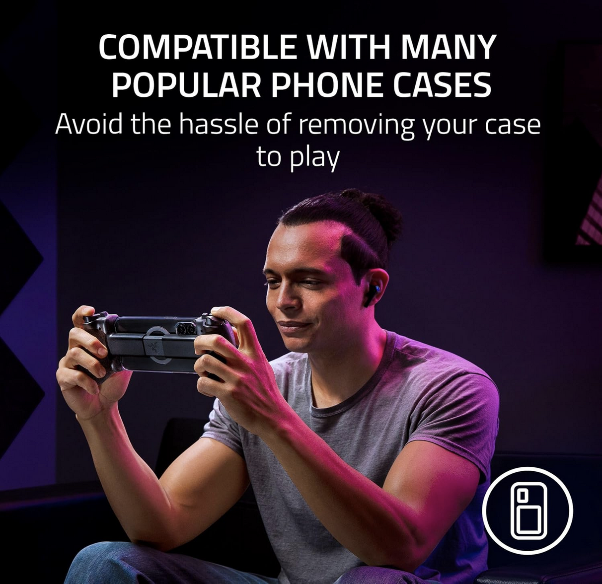 Close view of a person using Razer Kishi Ultra buttons and RGB lighting
