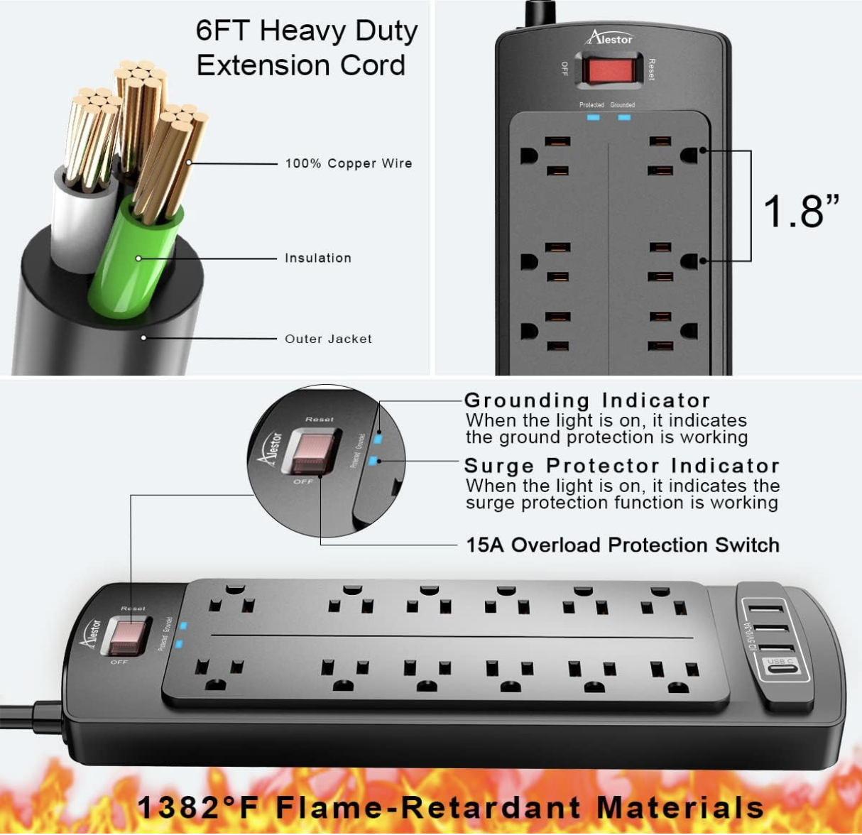 Flat plug power cord of Alestor surge protector