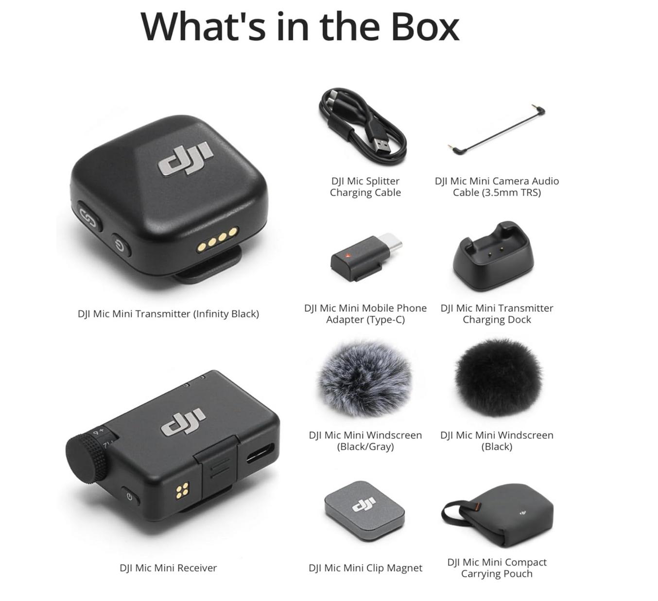DJI Mic Mini and components including USB receiver and transmitter