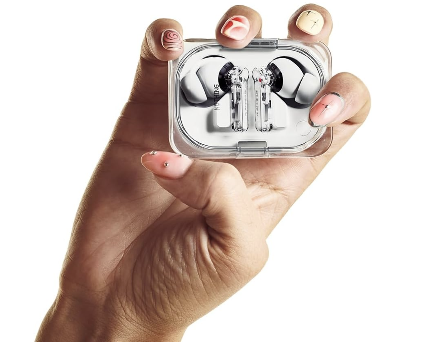 Nothing Ear (a) Earbuds with charging case on white background, showcasing sleek transparent design