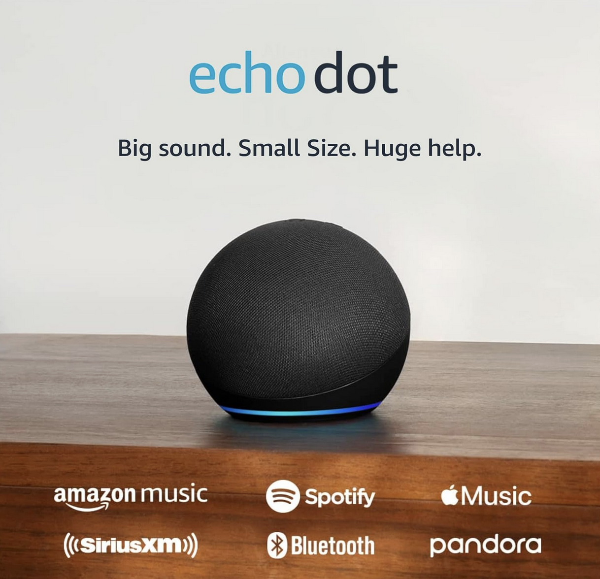 Amazon Echo Dot smart speaker in charcoal color placed on a wooden surface
