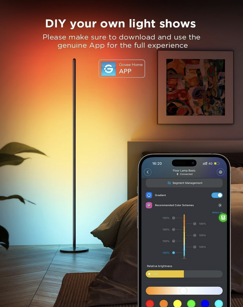 Govee RGBIC smart LED floor lamp displaying colorful ambient lighting beside smartphone app control