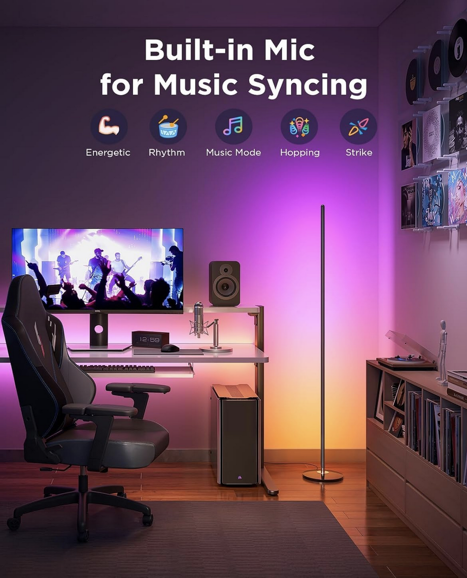 Govee RGBIC smart LED floor lamp displaying colorful ambient lighting 