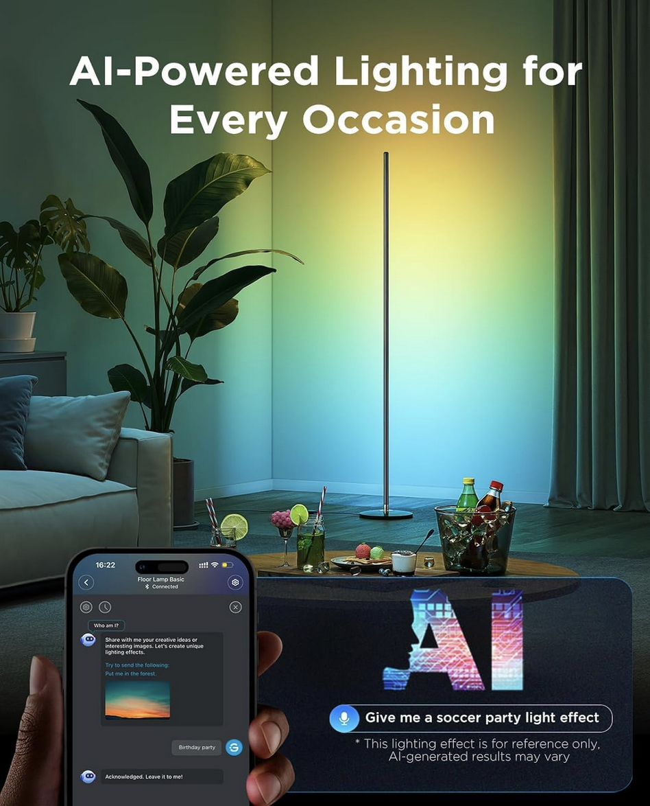 Govee RGBIC smart LED floor lamp displaying colorful ambient lighting beside smartphone app control showcasing it can be ai-powered