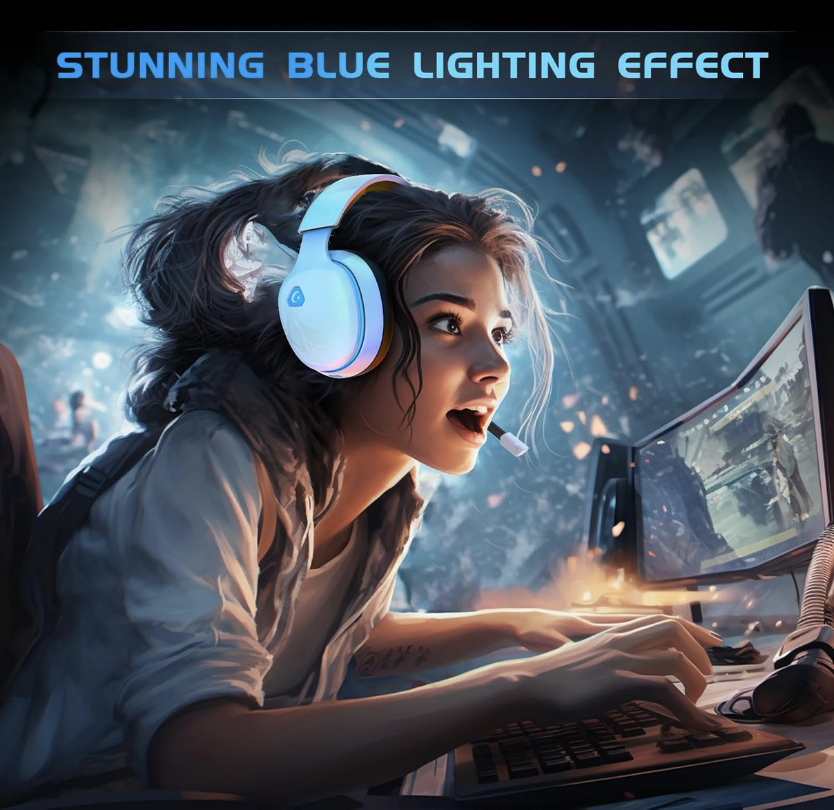 a woman gaming using Gtheos Bluetooth gaming headset with LED lights

