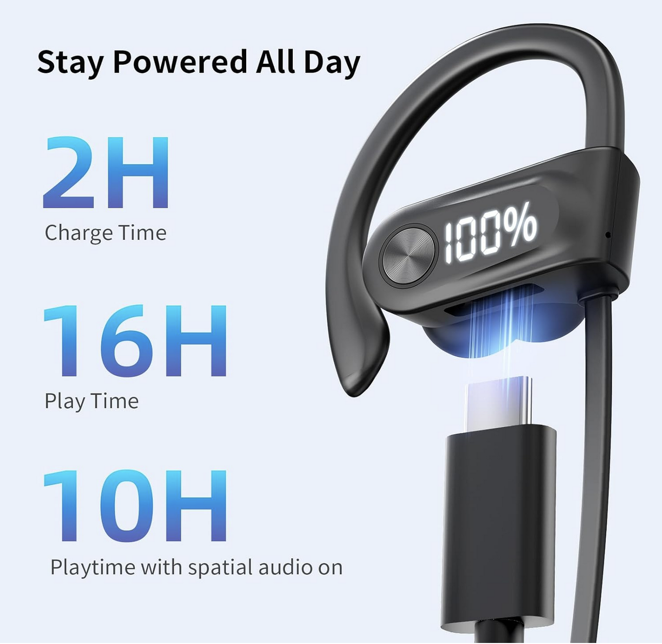 Bluetooth headphones showing 100% battery on charging case display