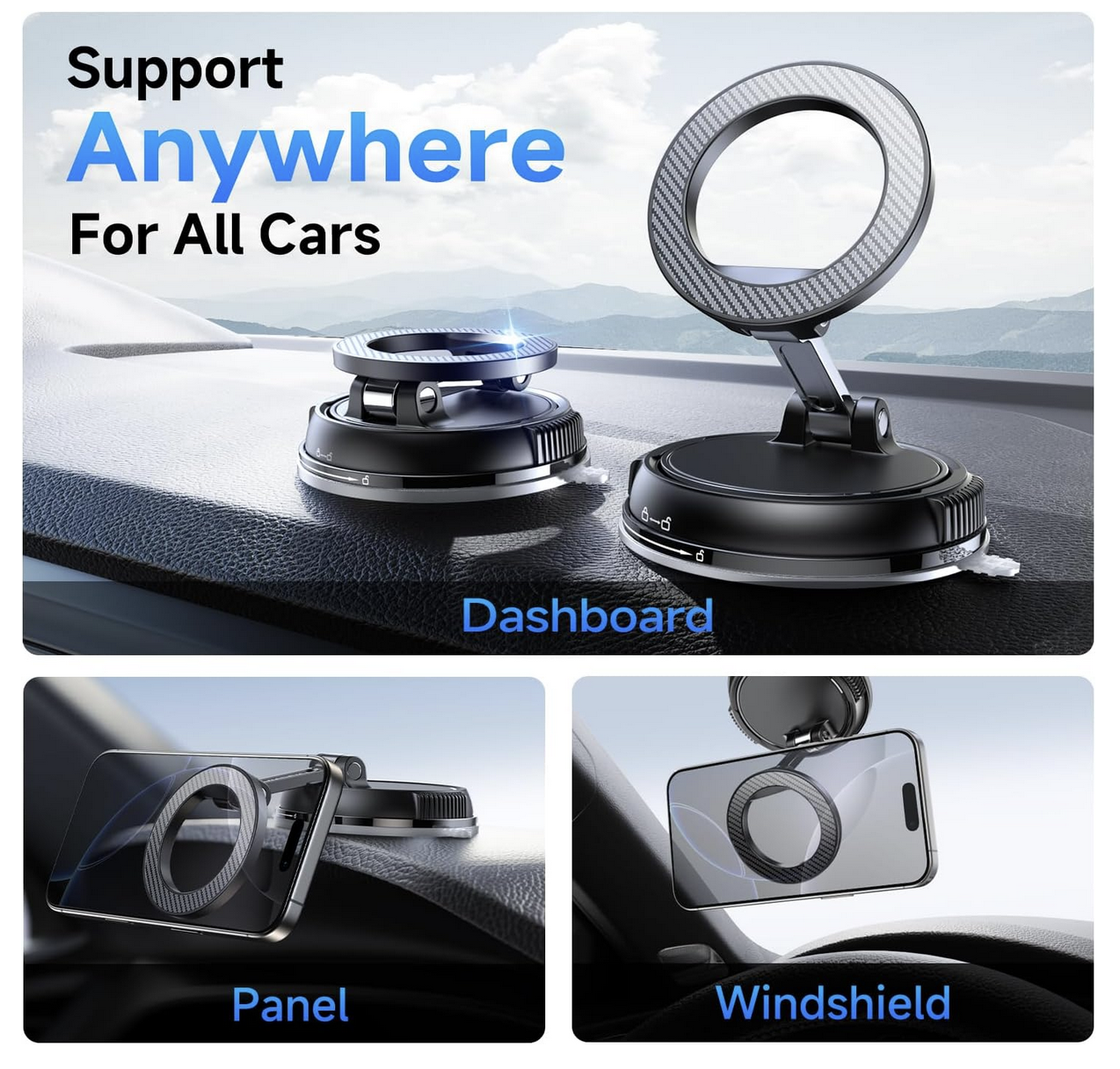 Installation view of ANDERY Car Phone Holder on windshield.