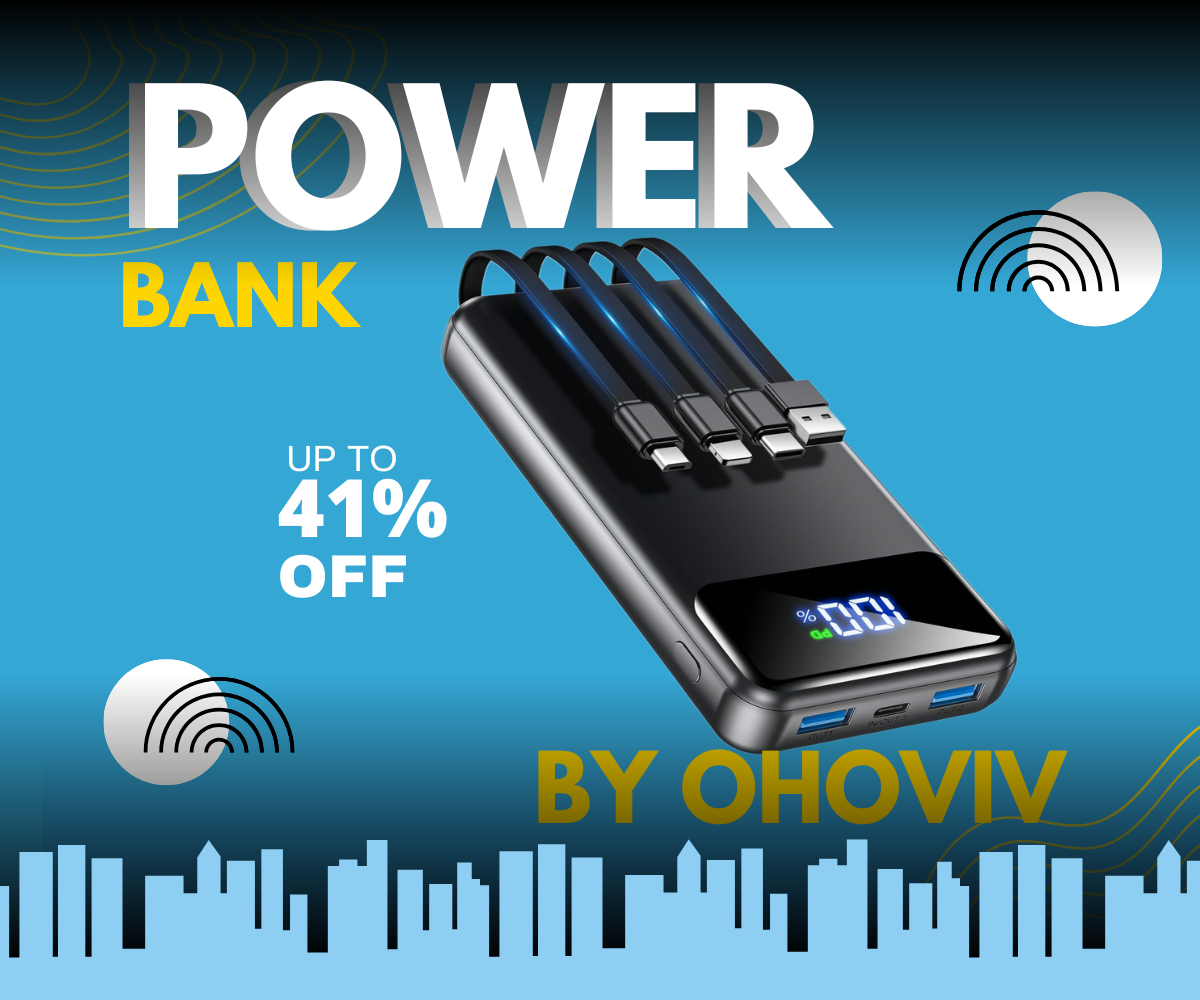 Amazon listing for OHOVIV power bank showing 22.5W fast charging and 50000mAh capacity.