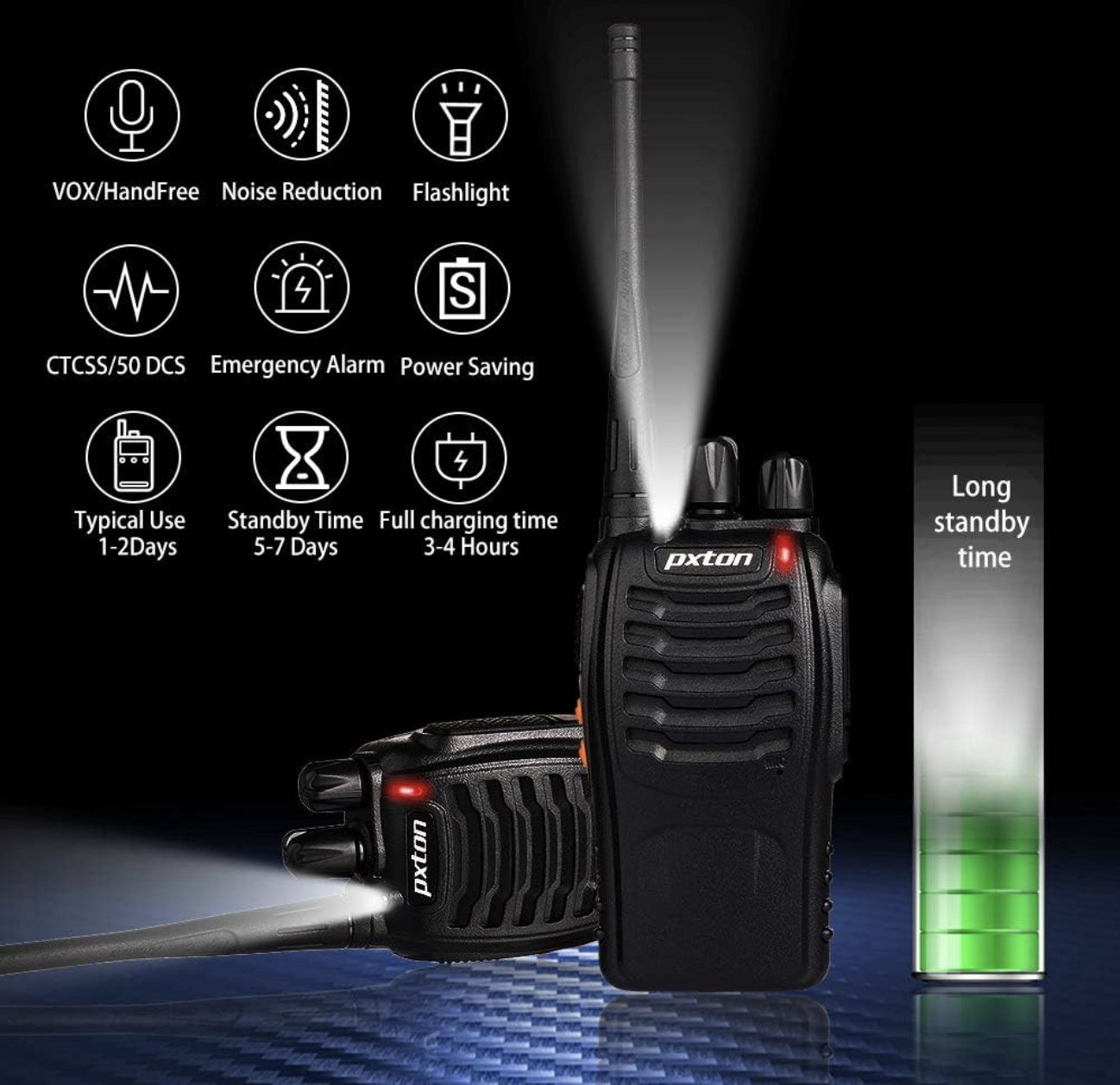 pxton Walkie Talkies Rechargeable Long Range Two-Way Radios 2 Pack with Earpieces on Charging Docks