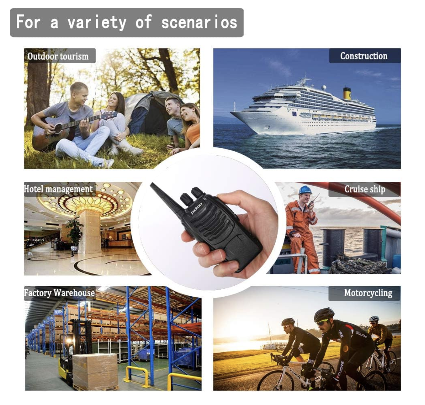 Set of pxton two-way radios with earpieces and accessories displaying it's functioning range
