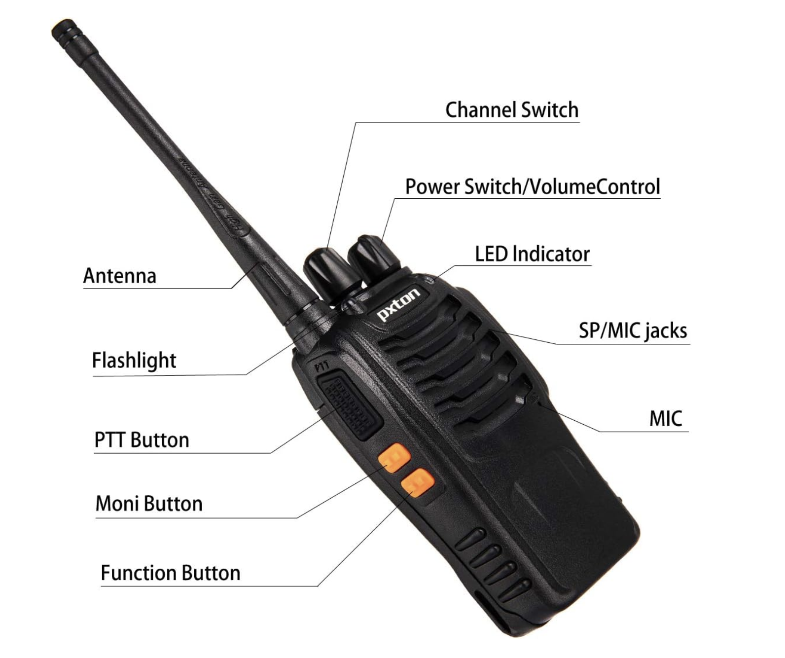 Close-up view of pxton walkie talkie showing antenna, buttons, and speaker grill