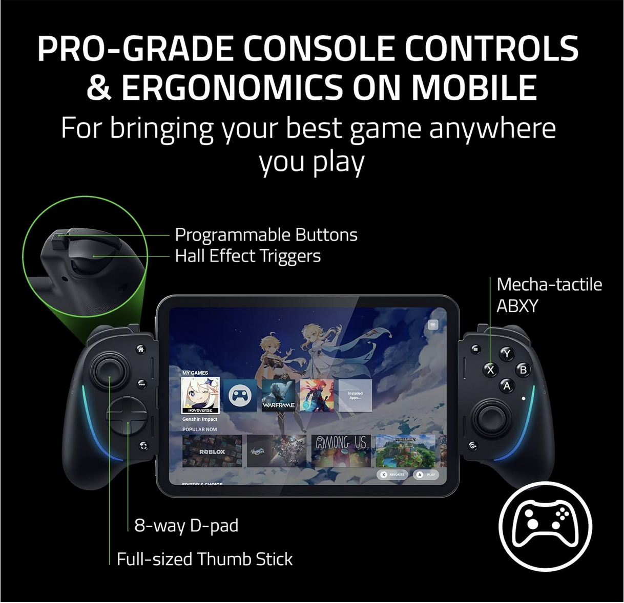 Close view of Razer Kishi Ultra buttons and RGB lighting, with Ultra ergonomic gaming grip design