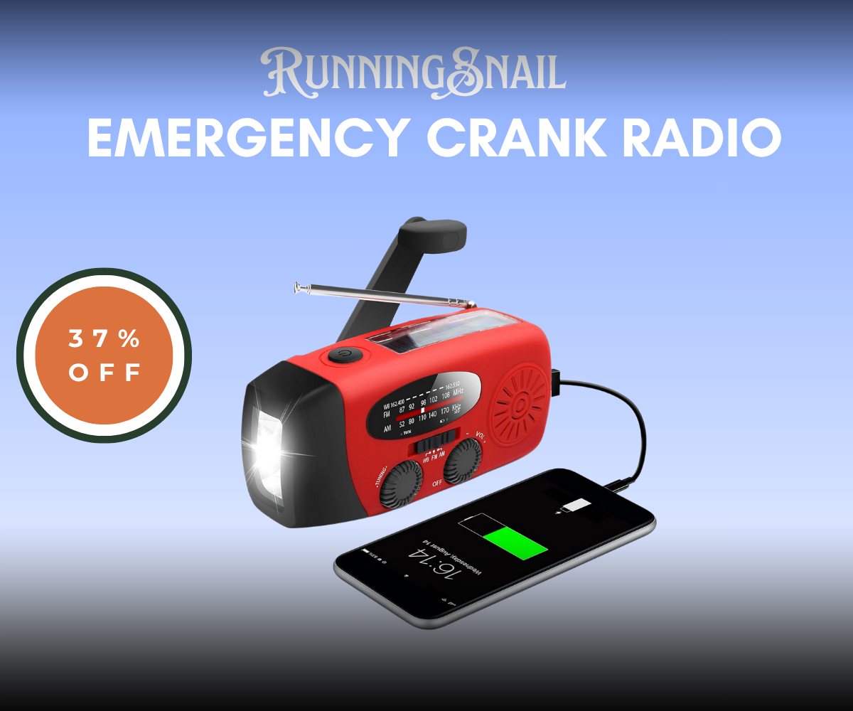 RunningSnail emergency crank radio with hand crank, solar panel, and LED flashlight