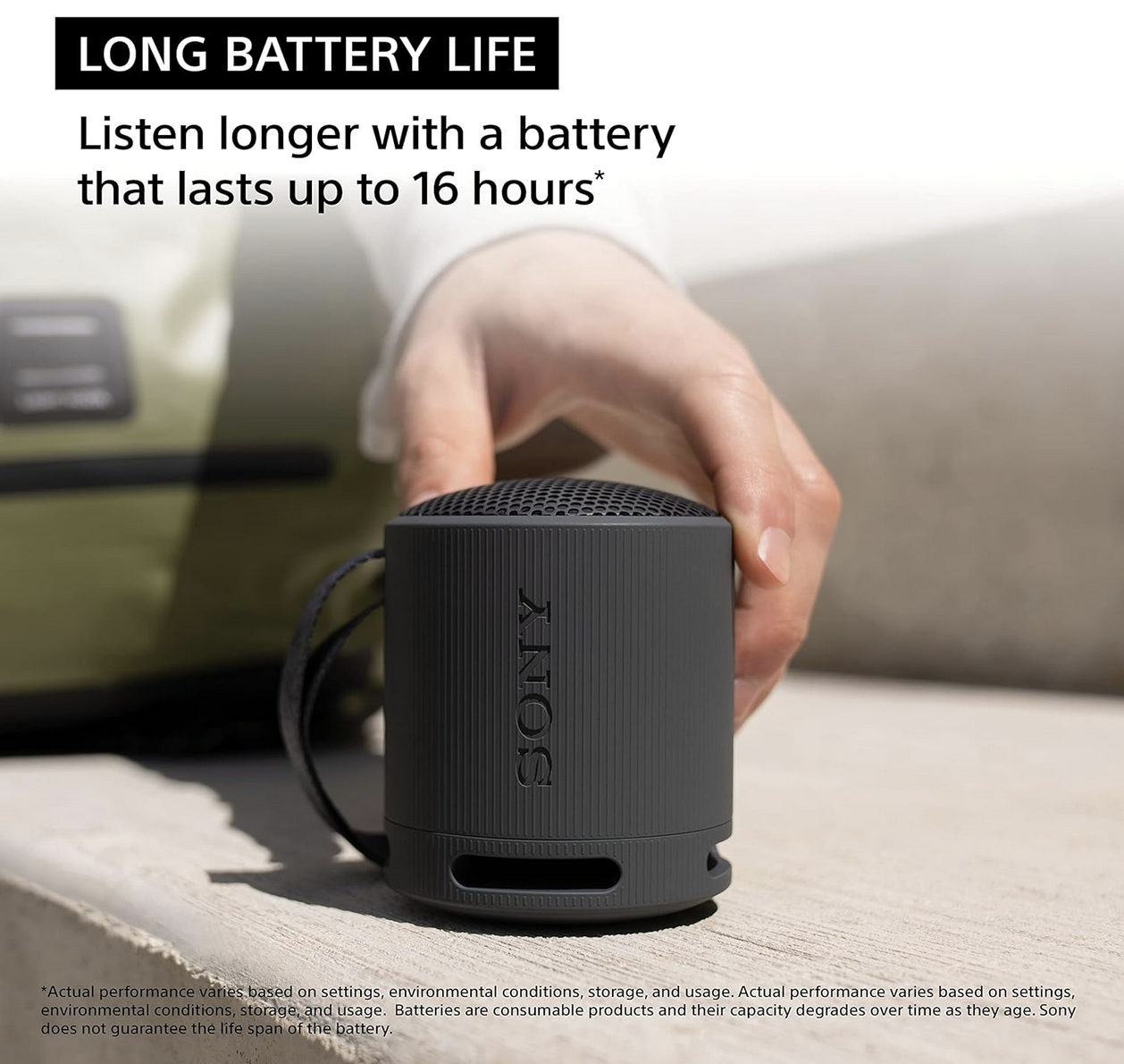 Sony SRS-XB100 wireless portable Bluetooth speaker in black, long battery feature
