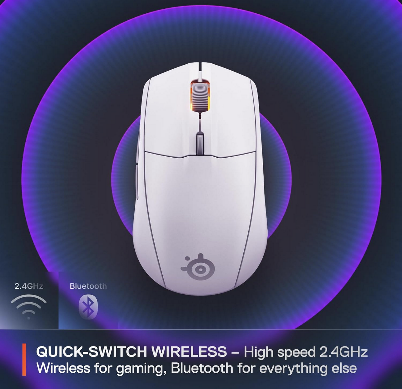 Close-up graphics highlighting SteelSeries Rival 3 Gen 2 features like 18000 DPI sensor, 60M clicks durability, and wireless dual-mode