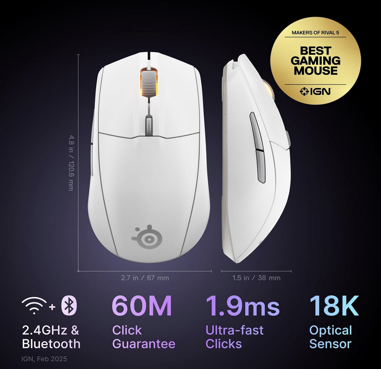 SteelSeries Rival 3 Wireless Gen 2 White gaming mouse angled view with RGB scroll wheel and USB receiver