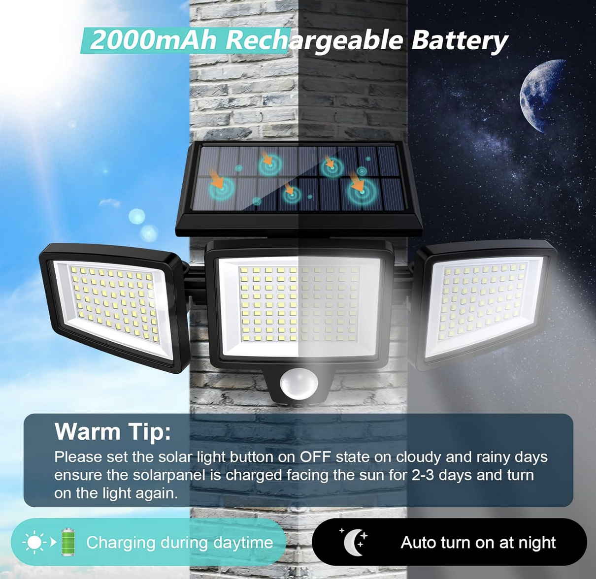 Tuffenough Solar Outdoor Security Lights 2500LM with 3 adjustable heads
