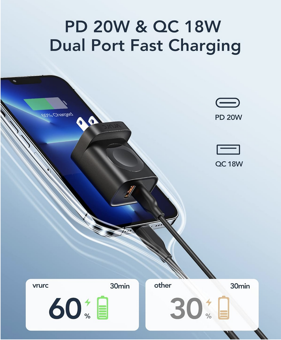 VRURC 3-in-1 Magnetic Apple Watch Charger – Fast, Portable & Powerful Charging Solution 2 Portable VRURC Apple Watch charger with fast PD 20W charging