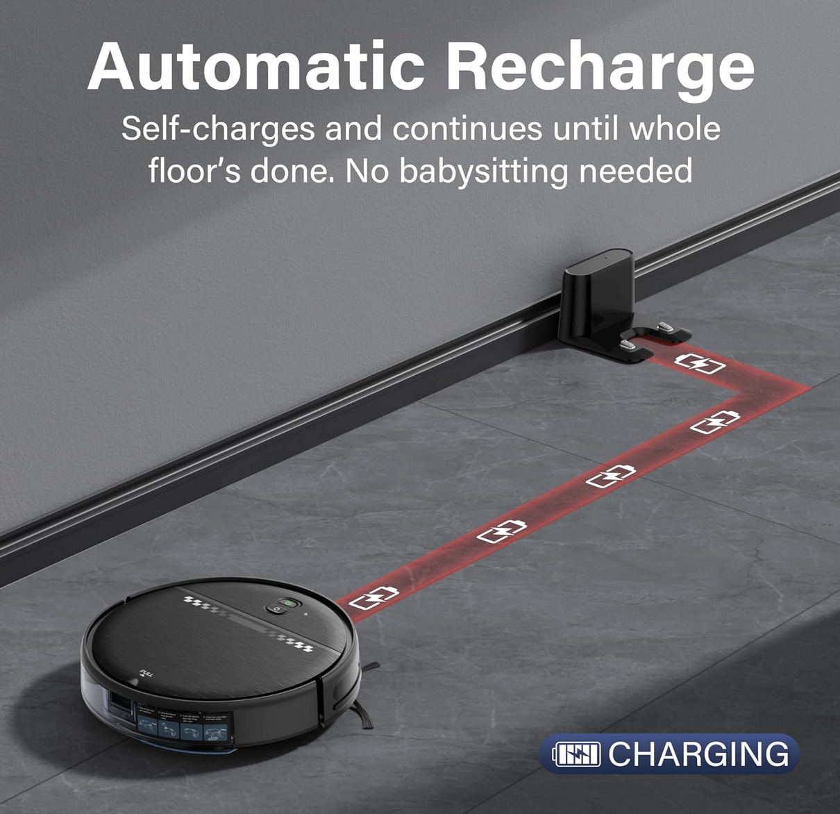 automatic recharging feature of ZC WAS gray robot vacuum and mop combo on a hardwood floor.
