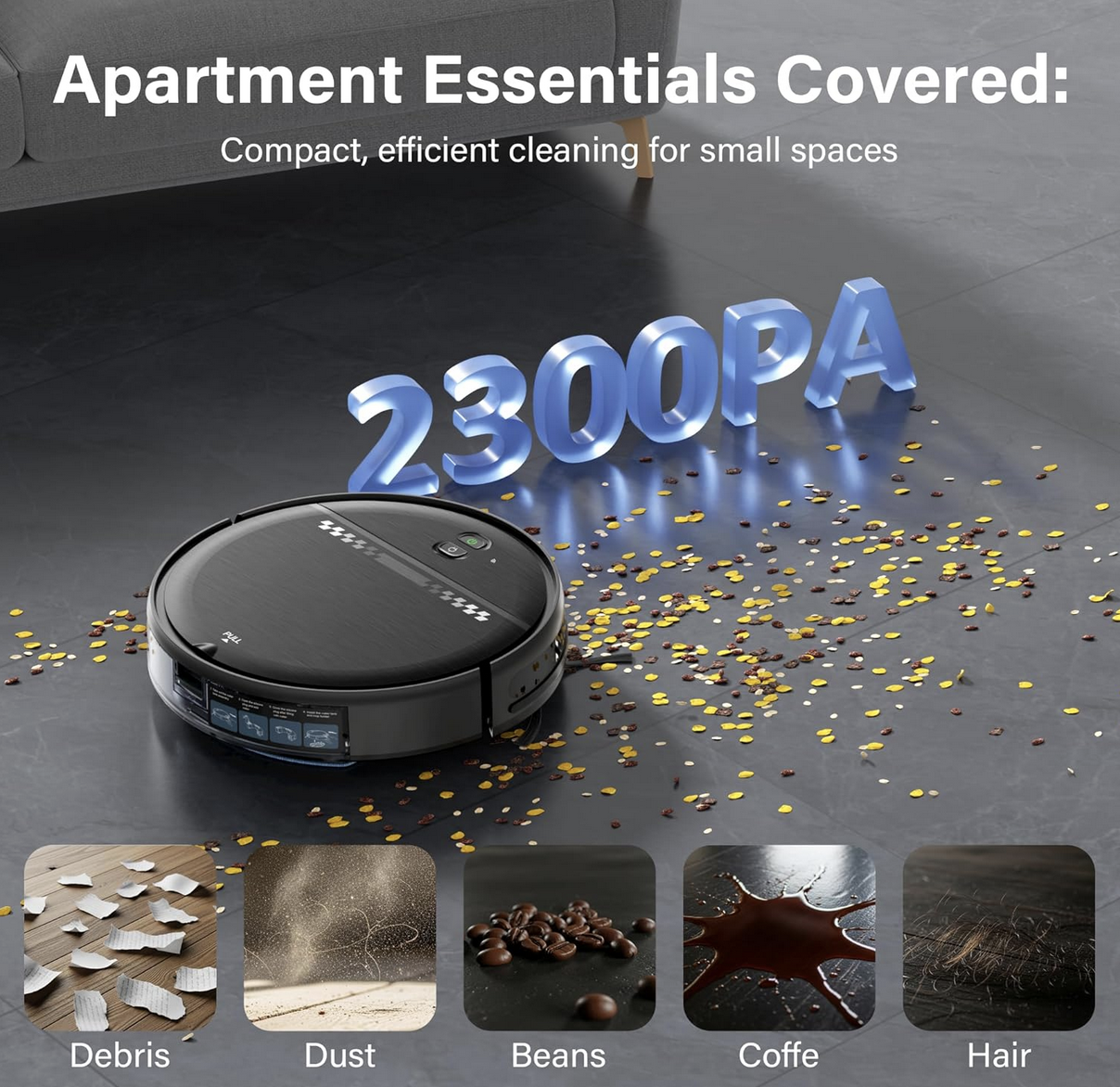  ZC WAS gray robot vacuum and mop combo on a hardwood floor.
