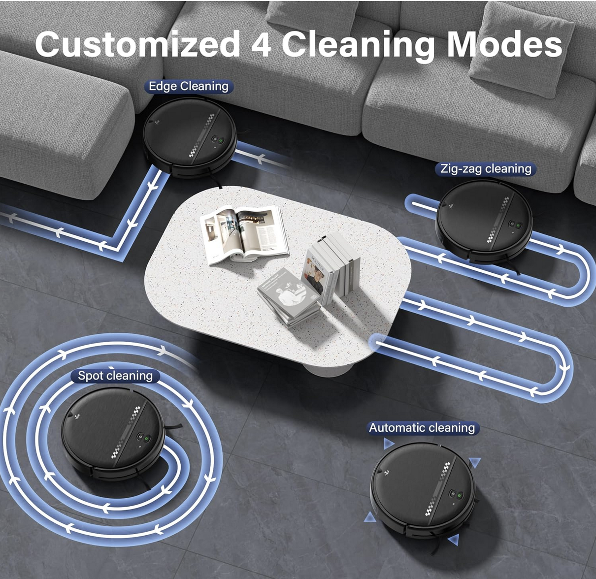  4 cleaning modes of ZC WAS gray robot vacuum and mop combo on a hardwood floor.
