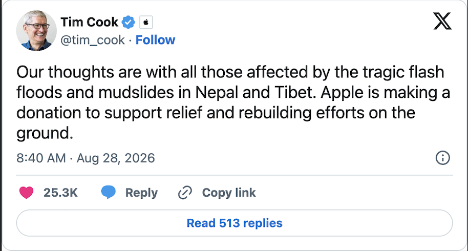 Apple Pledges Donation for Nepal and Tibet Flood Relief as Communities Face Devastating Loss 2 Apple Pledges Donation for Nepal and Tibet Flood Relief as Communities Face Devastating Loss 1